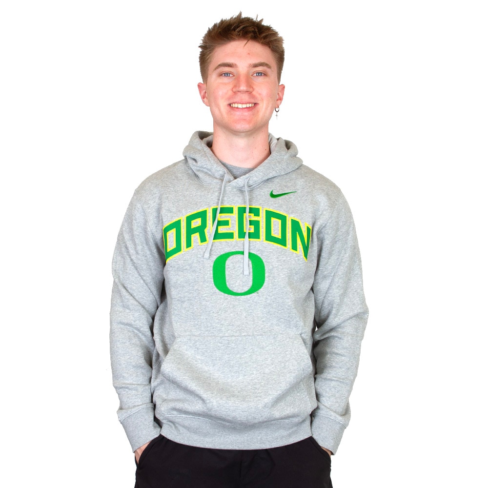 Arched Oregon, Nike, Grey, Hoodie, Cotton Blend, Men, Fleece, Embroidered, Pullover, Sweatshirt, 928846